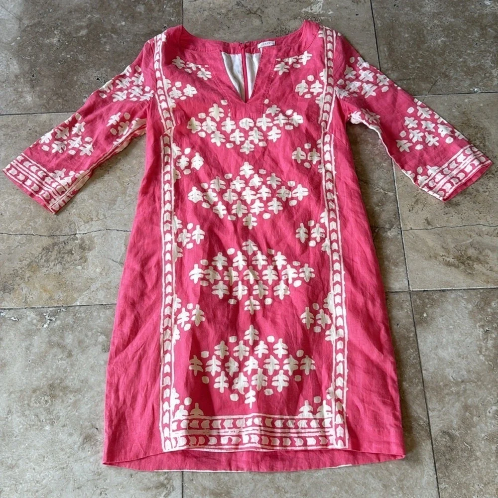 J.Crew coral pink/peach and beige, batik print, tunic style shift dress 2